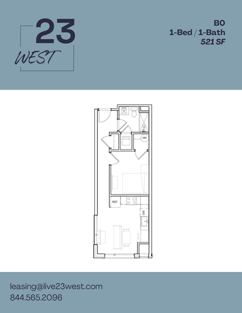 Floor plan for 1 bed, 1 bath, 521 sqft